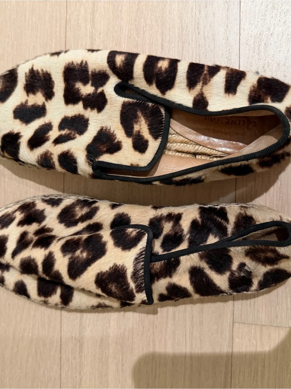 Authentic Celine Leopard Print Slip-On Espadrille Flats - Neutral Beige/Black